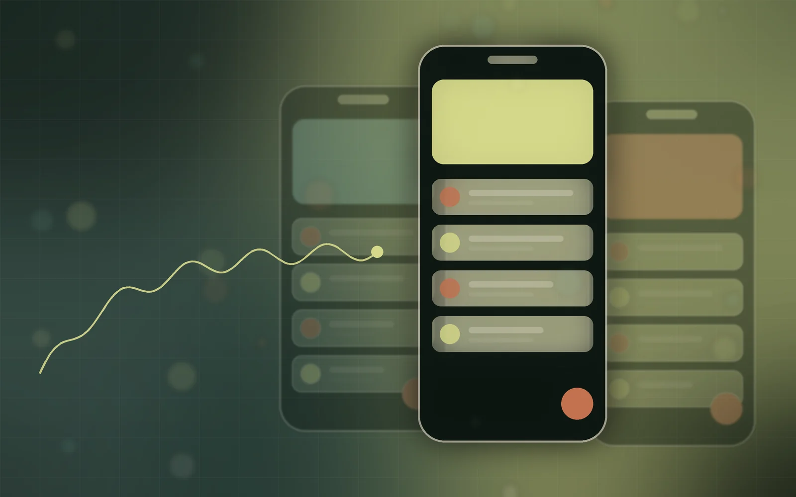 Illustration of three Android phone screens with interface cards and a rising performance line