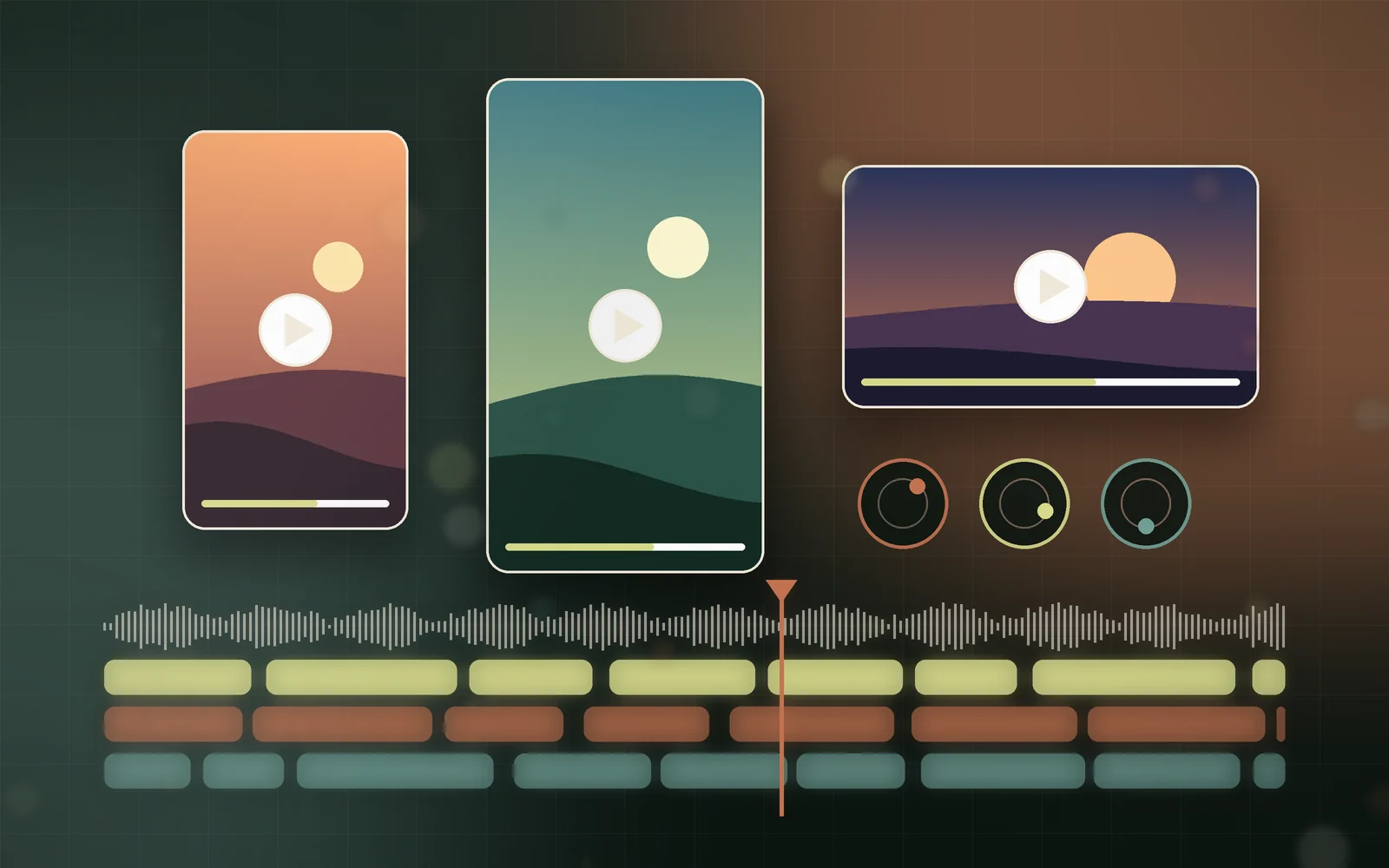 Illustration of vertical and landscape video frames above an editing timeline with a waveform and playhead