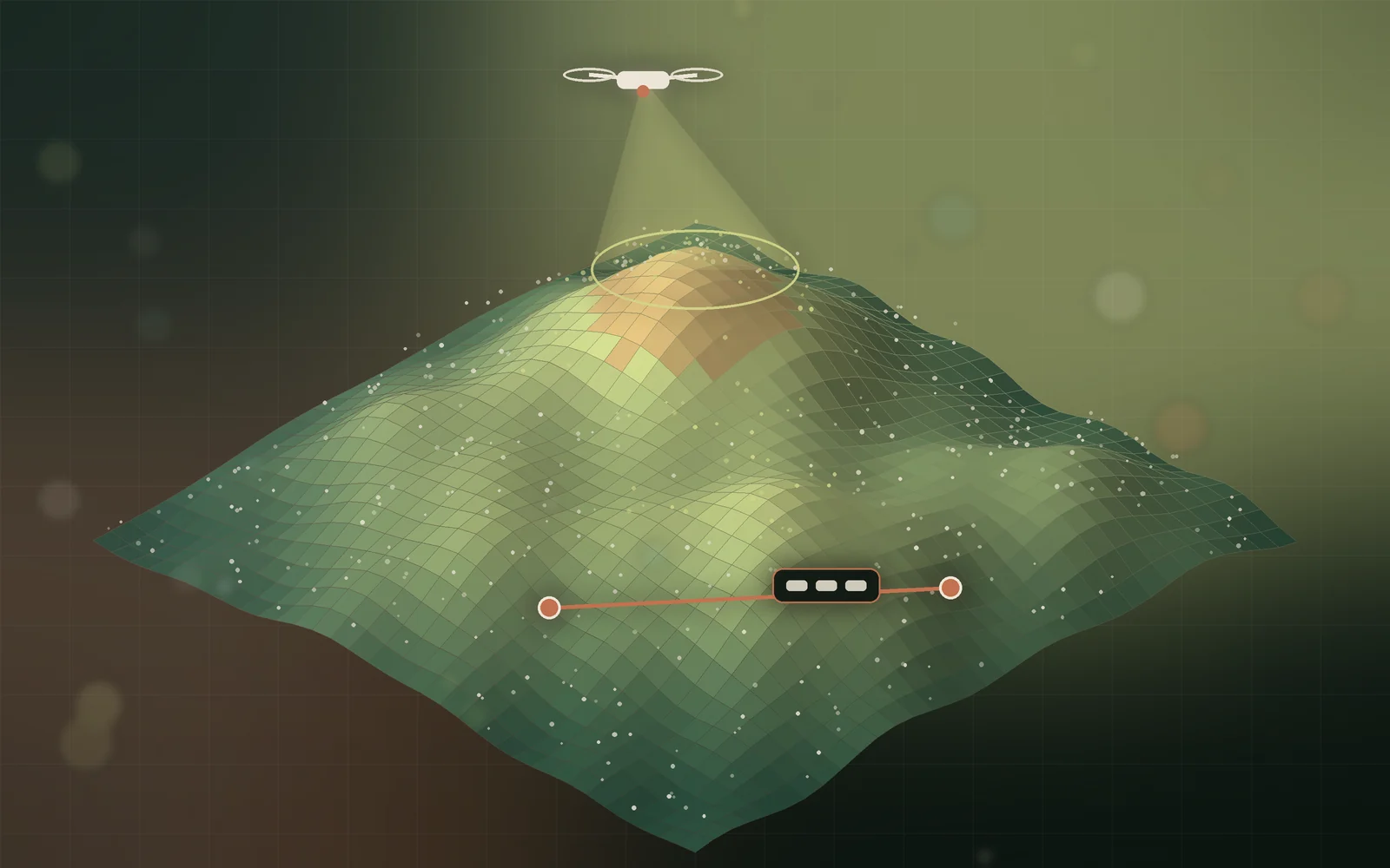 Illustration of terrain contour lines with a drone flying a grid survey pattern over a marked site