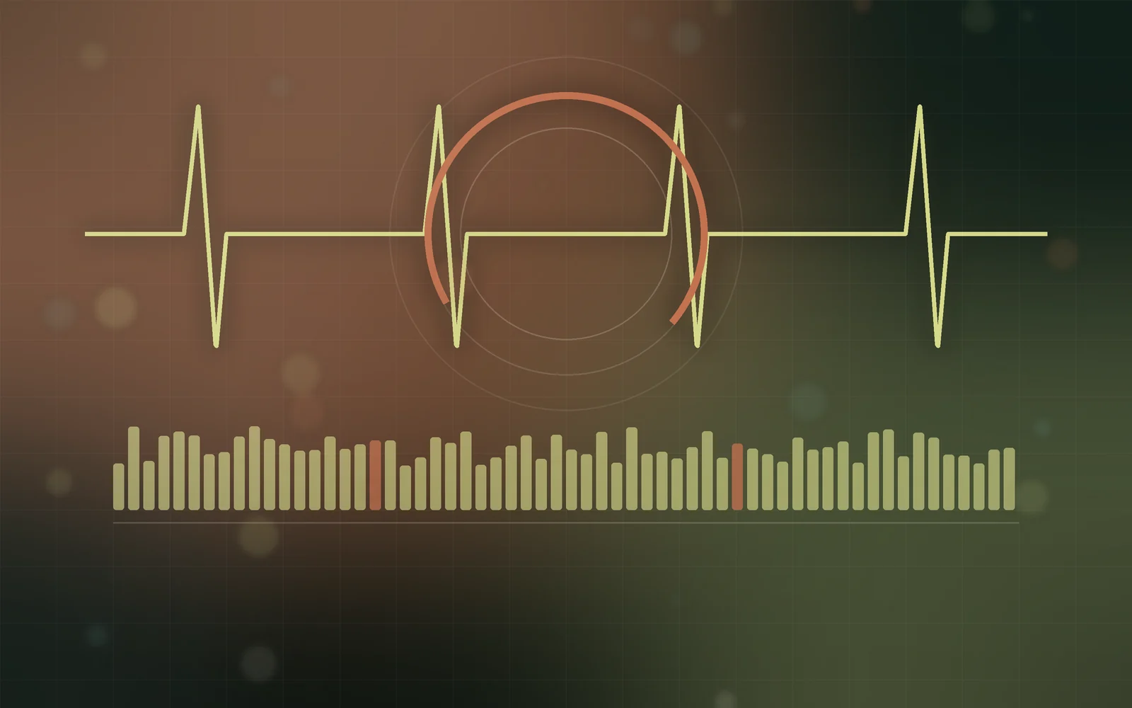 Illustration of a heartbeat line over an uptime gauge and a row of status bars, two of them highlighted