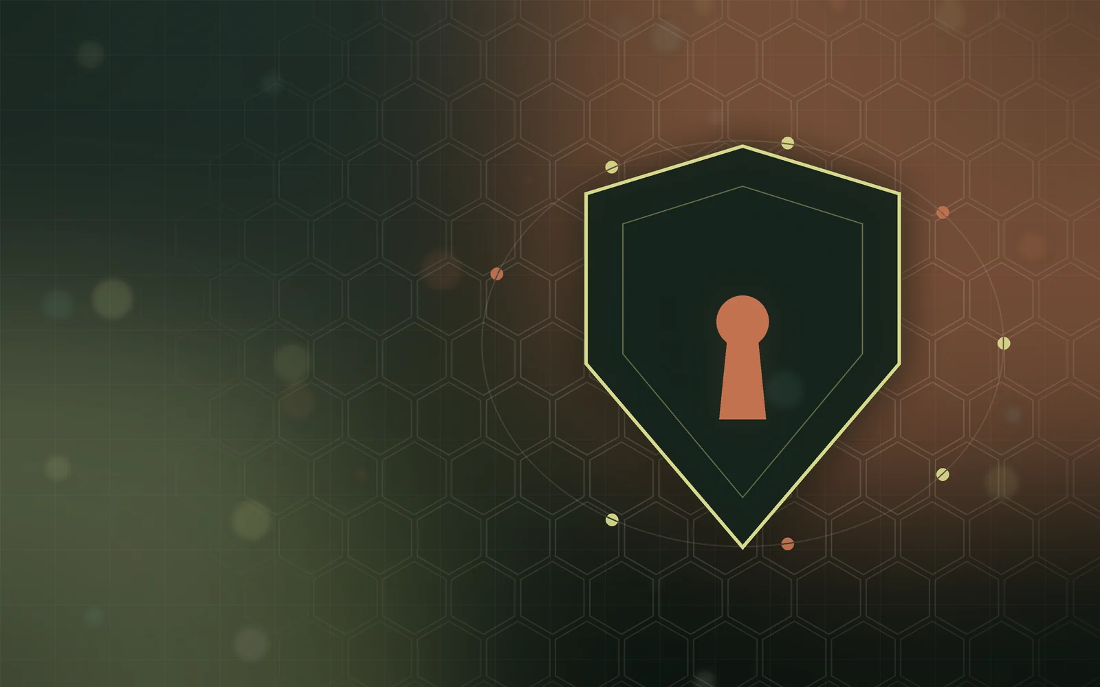 Illustration of a shield with a keyhole at the centre of a hexagonal security lattice